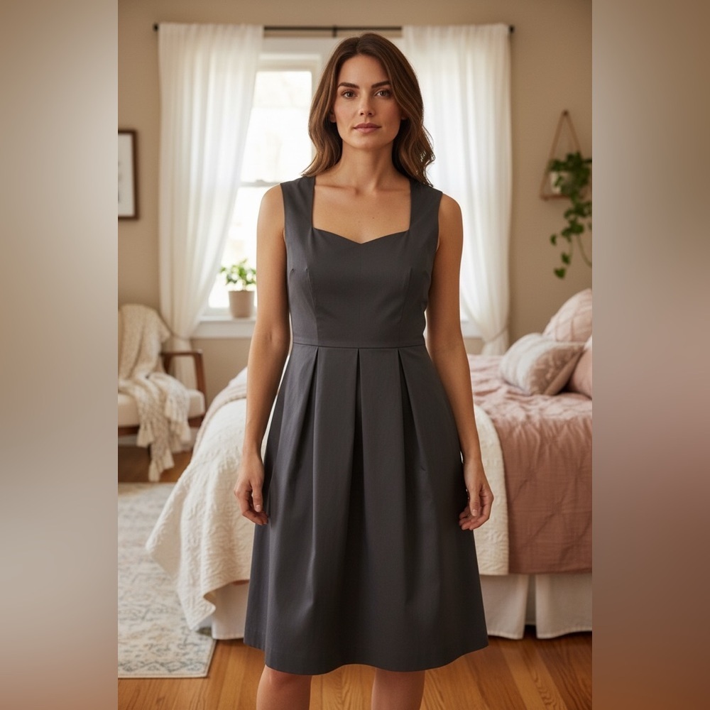 Katherine Barclay Pleated Black Aline Dress with Sweetheart Collar Size 12